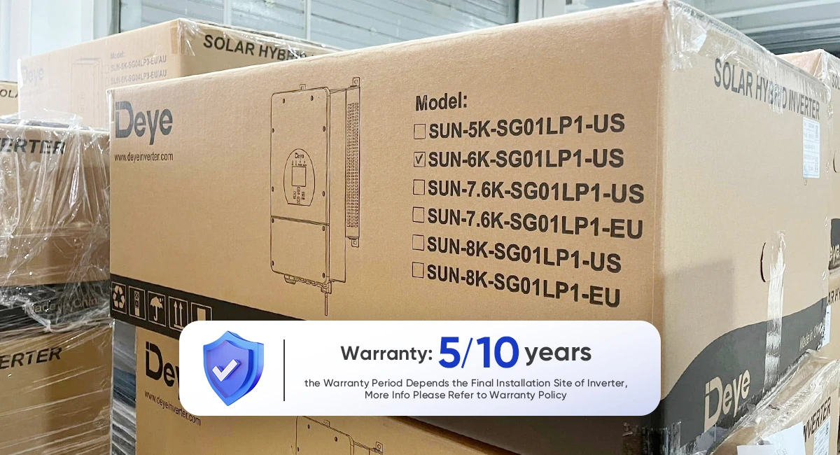 Deye SUN series 5-year standard warranty with optional 10-year extension badge – highlighting long-term product reliability and manufacturer-backed protection for US solar storage systems